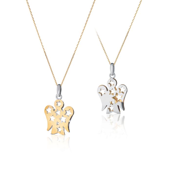 COLLANA CON PENDENTE ANGELO CON STELLE DOUBLE FACE IN ORO BIANCO E GIALLO NKT317-G