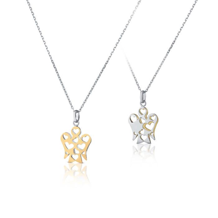 COLLANA CON PENDENTE ANGELO CON CUORI DOUBLE FACE IN ORO BIANCO E GIALLO NKT319-G