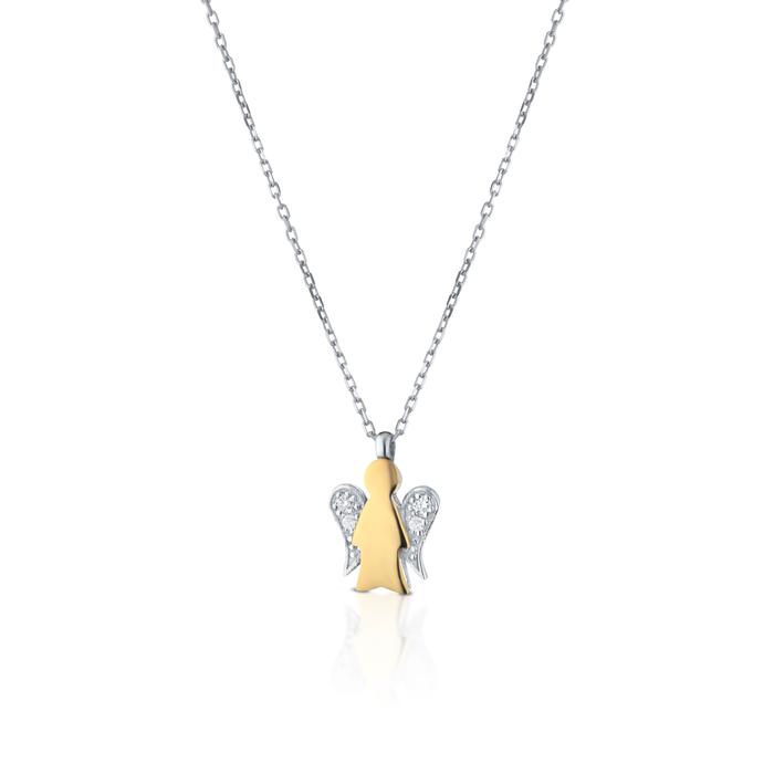 COLLANA IN ORO BIANCO CON PENDENTE ANGELO IN ORO BIANCO E GIALLO E DIAMANTI NKT321