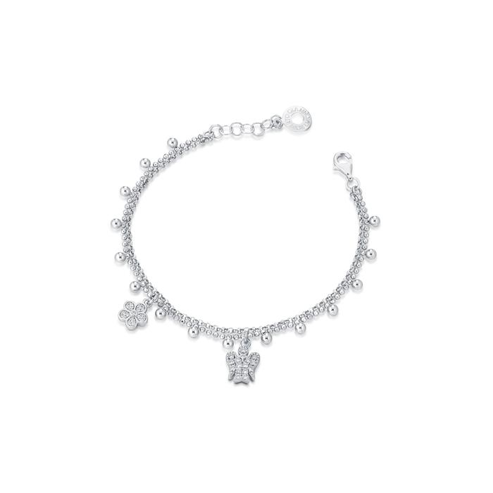 BRACCIALE A DOPPIA CATENA CON ANGELO E FIORE CHARMS IN ARGENTO E ZIRCONI GIA394